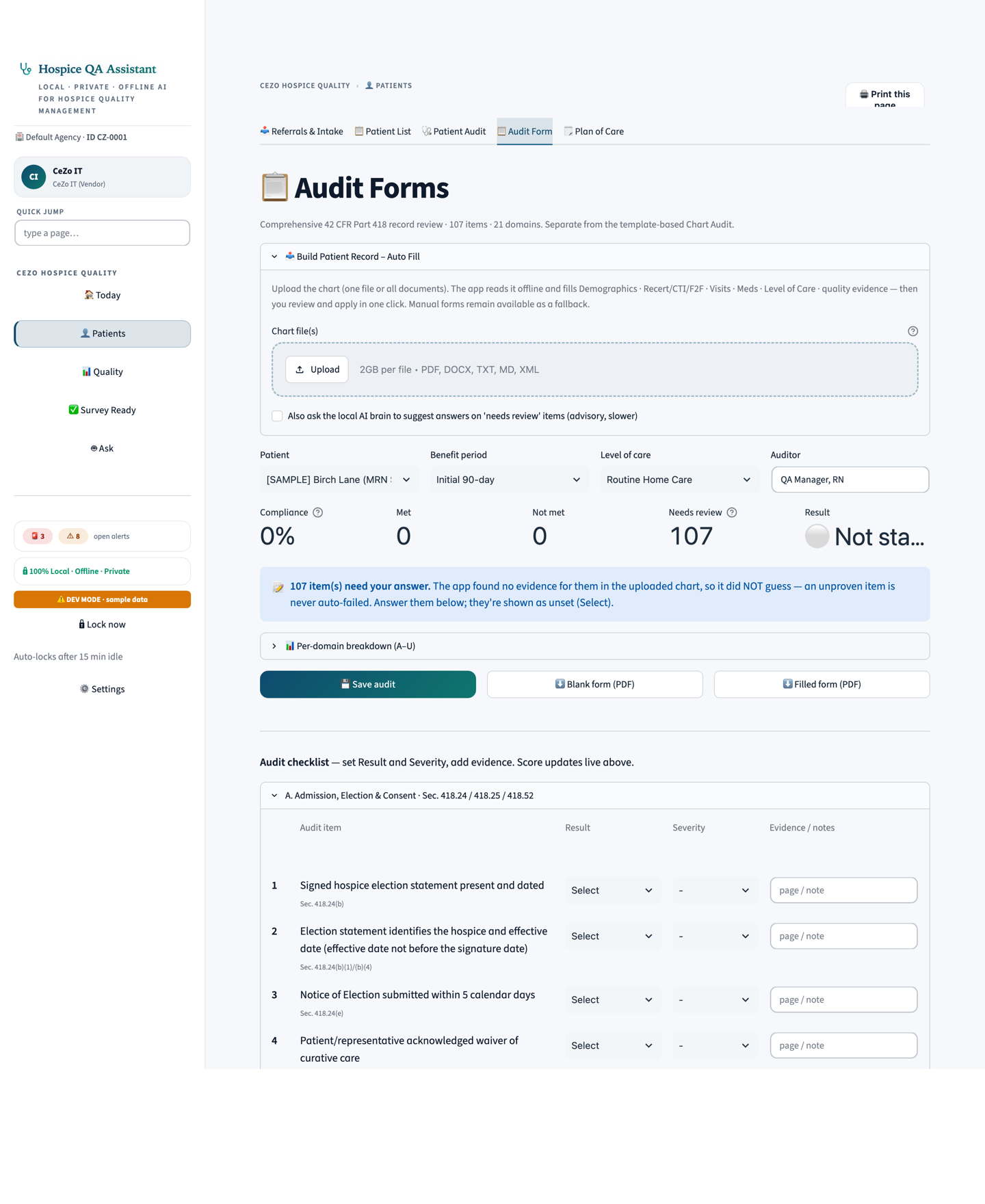 107-item CoP audit form under 42 CFR Part 418 with per-item Result, Severity and Evidence columns